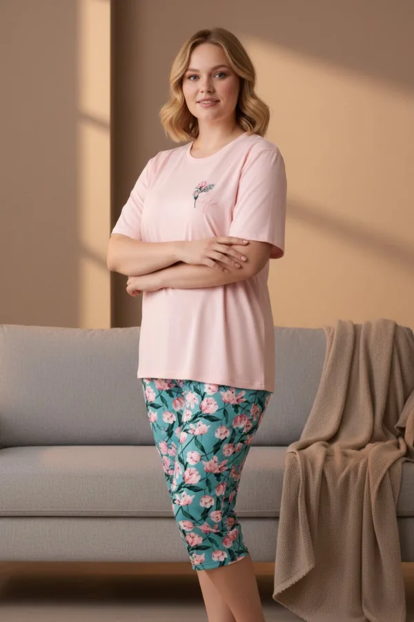 Kadın Kısa Kollu Likralı Büyük Beden Pijama Takımı Yeşil