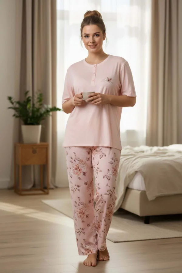 Kadın Kısa Kollu Likralı Büyük Beden Pijama Takımı Yeşil