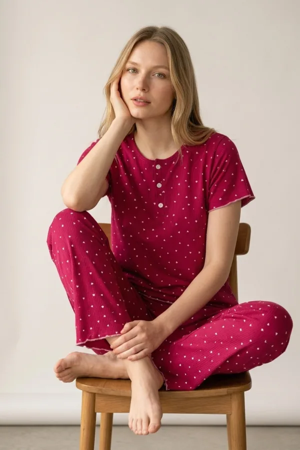 Kadın Lila Ayıcık Desenli Fitilli Kısa Kollu Pijama Takımı