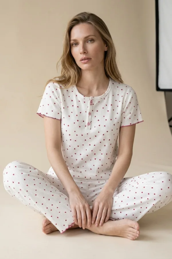Kadın Lila Ayıcık Desenli Fitilli Kısa Kollu Pijama Takımı