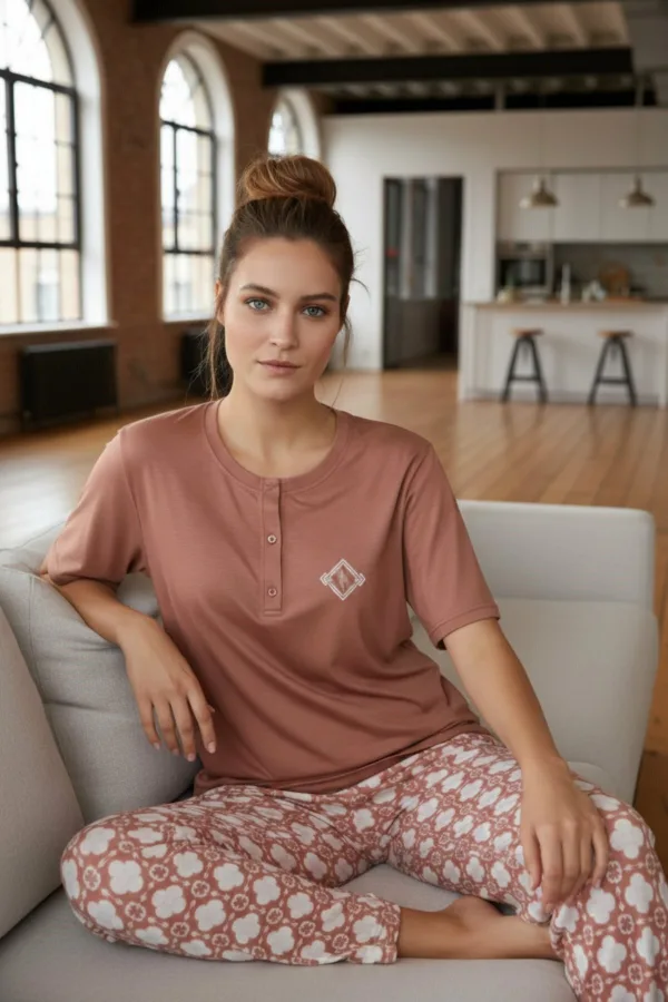 Kadın Kısa Kollu Likralı Düğmeli Yaka Pijama Takımı Gül Kurusu
