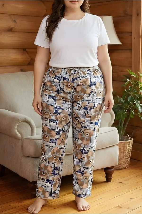 Kadın Battal Boy Süet Desenli Pijama Altı Beli İpli Lastikli Rahat Kesim Büyük Beden Ev Giyim Pijama