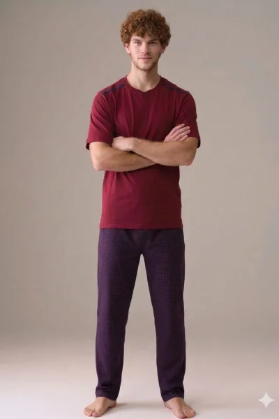 Erkek Kısa Kol %100 Pamuk Büyük Beden Pijama Takımı Bordo