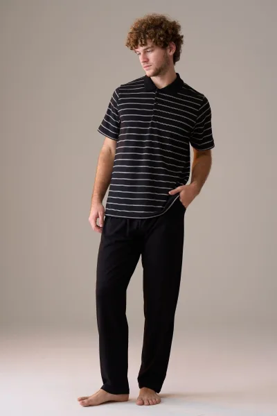 Erkek Kısa Kol Düğmeli Yaka %100 Pamuk Pijama Takımı Siyah