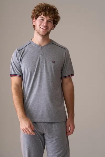 Erkek Kısa Kol Düğmeli Yaka %100 Pamuk Pijama Takımı Siyah