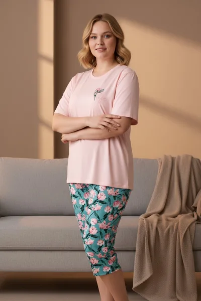 Kadın Kısa Kollu Likralı Büyük Beden Pijama Takımı Yeşil