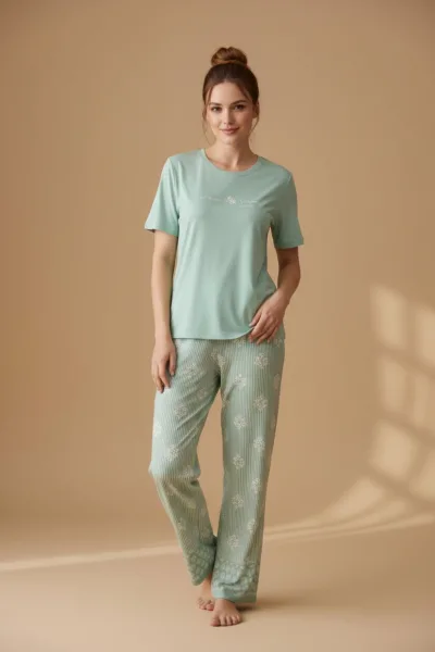Kadın Kısa Kollu Geniş Paça Likralı Pijama Takımı Mint