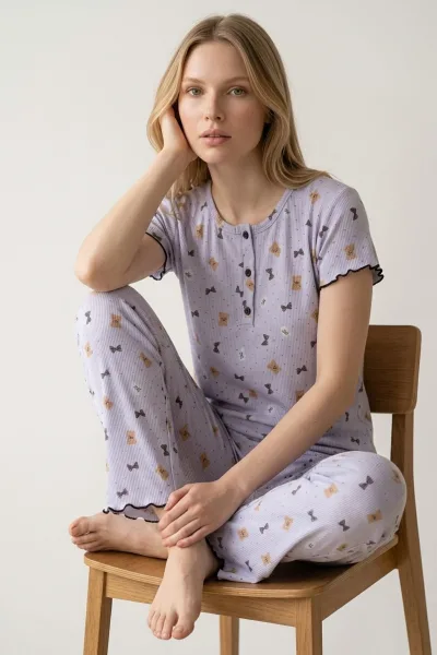 Kadın Lila Ayıcık Desenli Fitilli Kısa Kollu Pijama Takımı