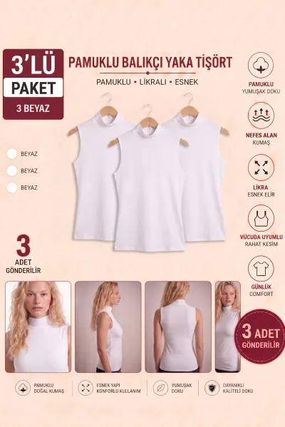 Kadın 3’lü Paket Beyaz Yarım Balıkçı Yaka Kolsuz Pamuklu Basic Tişört