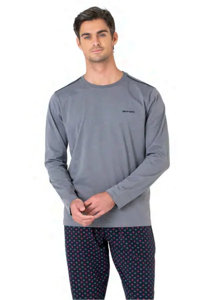 6099 Erkek Gri Uzun Kollu Bisiklet Yaka Pijama Takımı