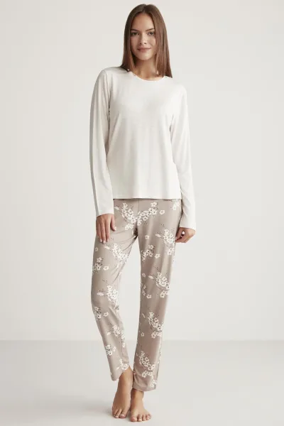 Alin 321 Yumuşak Doku Uzun Kol Kadın Pijama Takımı BEJ