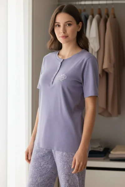 Kadın Kısa Kollu Likralı Düğmeli Yaka Pijama Takımı Lila