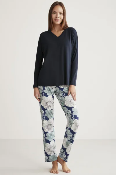 Alin 328 Yumuşak Doku Uzun Kol Kadın Pijama Takımı LACİVERT