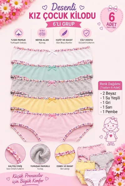 Çocuk Kız Çocuk %100 Pamuk Renkli Desenli Biyeli Slip İç Çamaşırı 6’li Asorti Paket