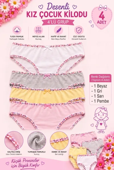 Çocuk Kız Çocuk %100 Pamuk Renkli Desenli Biyeli Slip İç Çamaşırı 4’li Asorti Paket