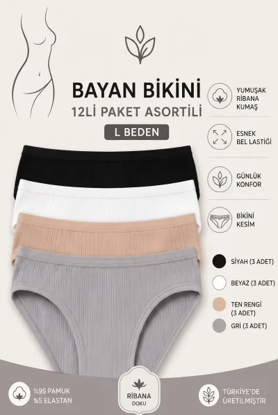 Kadın Ribana Pamuklu Bikini Külot 12’li Paket Asorti Siyah Beyaz Ten Gri Renkli İç Giyim Seti