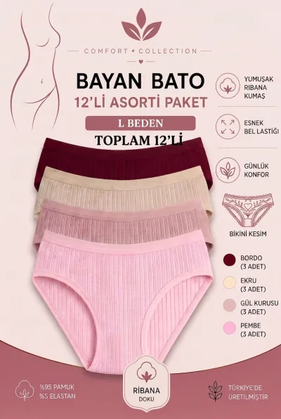 Kadın Ribana Pamuklu Bato Külot 12’li Paket Asorti Renkli Yüksek Bel Esnek Günlük İç Giyim Seti