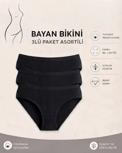 Kadın 3’lü Paket Siyah Fitilli Pamuklu Modal Külot – Ekstra Esnek ve Yumuşak Dokulu İç Çamaşırı