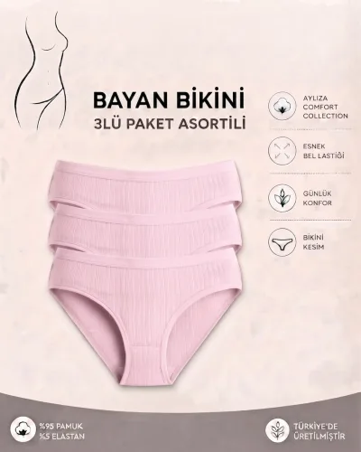 Kadın 3’lü Paket pembe Fitilli Pamuklu Modal Külot – Ekstra Esnek ve Yumuşak Dokulu İç Çamaşırı