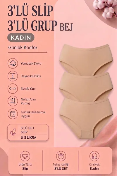 Kadın 3’lü Paket ten rengi Slip Külot – Esnek ve Yumuşak Doku Günlük İç Çamaşırı