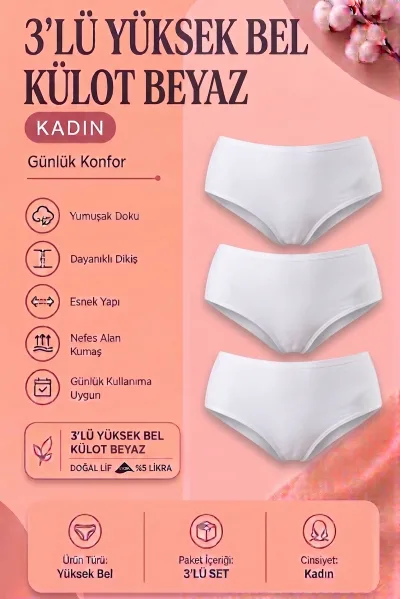 Kadın 3’lü Paket beyaz Yüksek Bel Külot – Doğal Lifli Esnek ve Yumuşak Günlük İç Çamaşırı