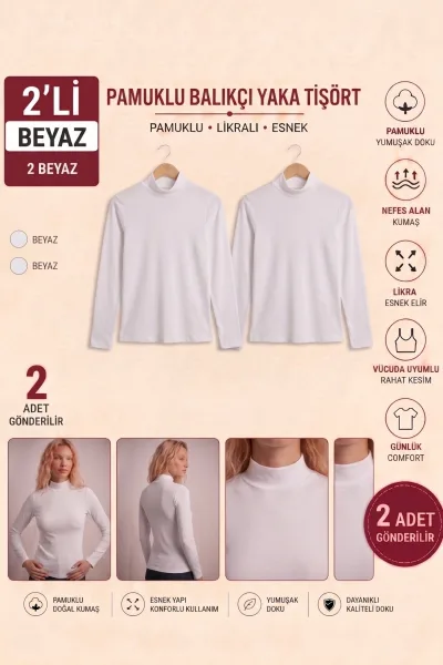 Kadın 2’li Paket beyaz Uzun Kollu Balıkçı Yaka Pamuklu Basic Bluz