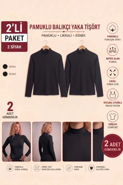 Kadın 2’li Paket Siyah Uzun Kollu Balıkçı Yaka Pamuklu Basic Bluz