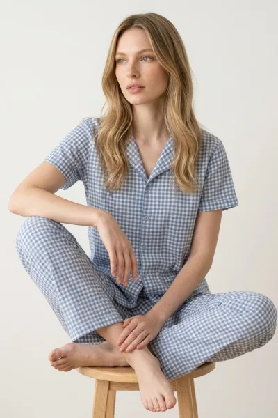 Kadın Mavi Kareli Düğmeli Yaka Kısa Kollu Pijama Takımı
