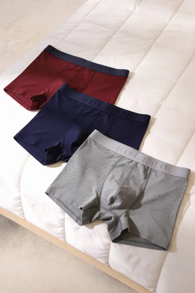 Erkek 3’lü Pamuklu Boxer Bordo Gri Lacivert