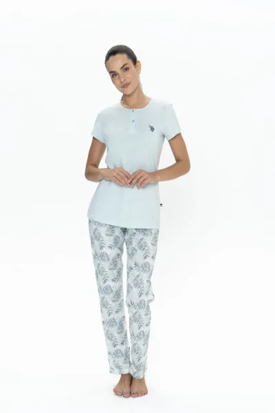 U.S. Polo Assn. 20088 Kadın Mavı Kısa Kollu Yarım Patlı Pijama Takımı