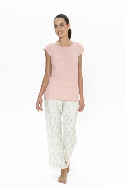 U.S. Polo Assn. 20079 Kadın Somon Kısa Kollu Yuvarlak Yaka Pijama Takımı