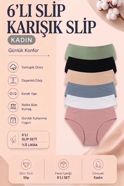 6’lı Paket Kadın Çok Renkli Slip Külot Seti Likralı Konforlu Günlük İç Giyim