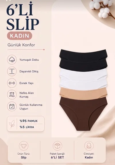 6’lı Paket Kadın Pamuklu Slip Külot Seti Likralı Esnek Konforlu Günlük İç Giyim
