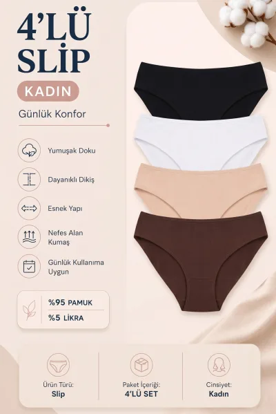 4’lı Paket Kadın Pamuklu Slip Külot Seti Likralı Esnek Konforlu Günlük İç Giyim