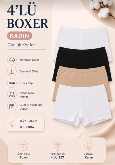 Kadın 4’lü Paket Pamuklu Boxer Likralı Esnek Karışık Renk Günlük Şort Külot İç Giyim Seti