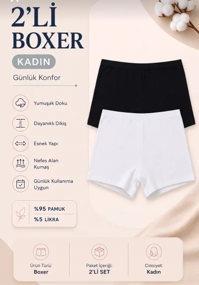 2’lü Paket Kadın Pamuklu Boxer Seti Likralı Esnek Konforlu Günlük İç Giyim
