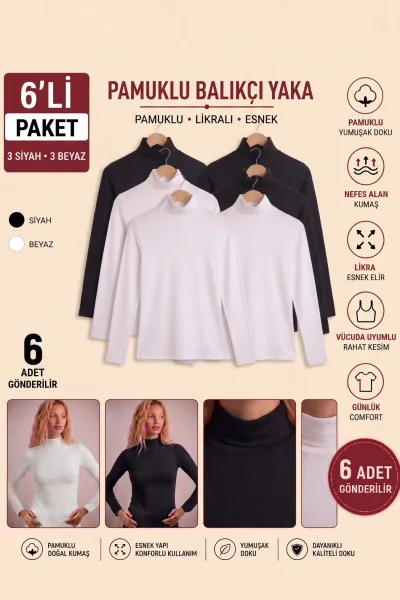 Kadın 6’lı Paket Pamuklu Balıkçı Yaka Uzun Kollu Body Likralı Esnek Siyah Beyaz Boğazlı Bluz Seti