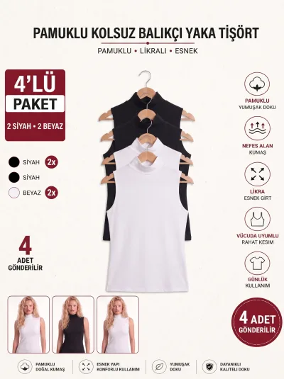 4’lı Paket Kadın Sıfır Kol Boğazlı Atlet Pamuklu Likralı Konforlu Günlük