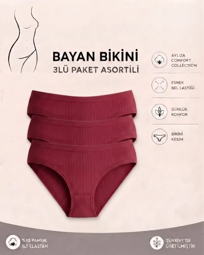 Kadın 3’lü Paket bordo Fitilli Pamuklu Modal Külot – Ekstra Esnek ve Yumuşak Dokulu İç Çamaşırı