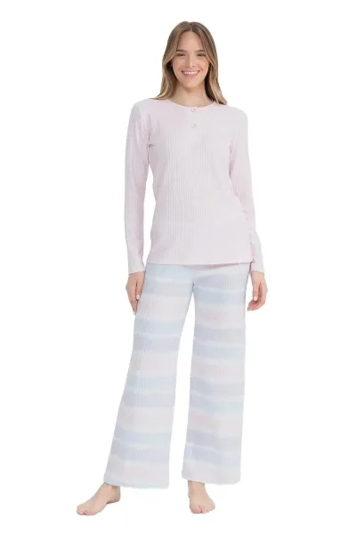 U.s Polo Assn. 17096 Kadın Delikli Polar Waffle Kumaş  Uzun Kollu Geniş Paça Pijama Takım-Pembe