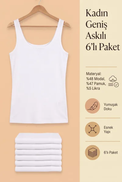 Kadın Geniş Askılı Atlet 6’lı Paket – Modal Pamuklu Esnek İç Giyim