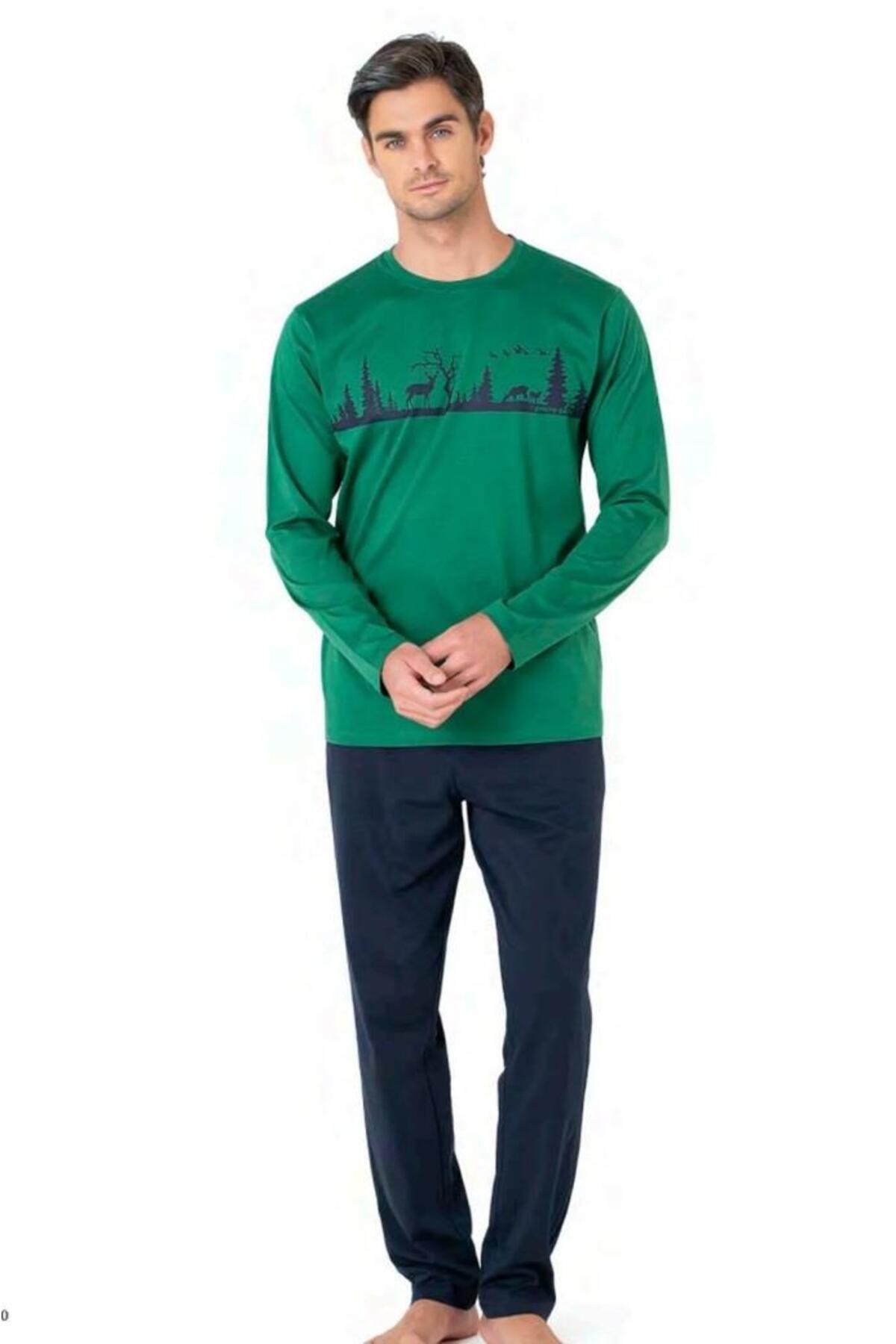 6104 Çam Ağacı Geyik Desenli Sıfır Yaka Erkek Pijama Takım
