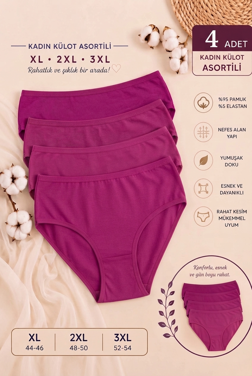 Kadın 4’lü Paket Tek Renk Pamuklu Büyük Beden Külot Nefes Alan Slip