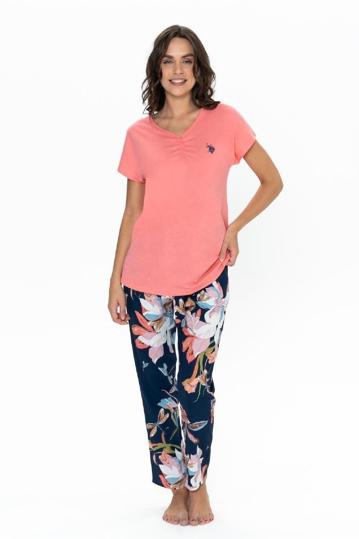Pamuklu, V Yaka, Kısa Kollu, Çiçek Baskılı, Cepli, Kadın Pijama Takımı