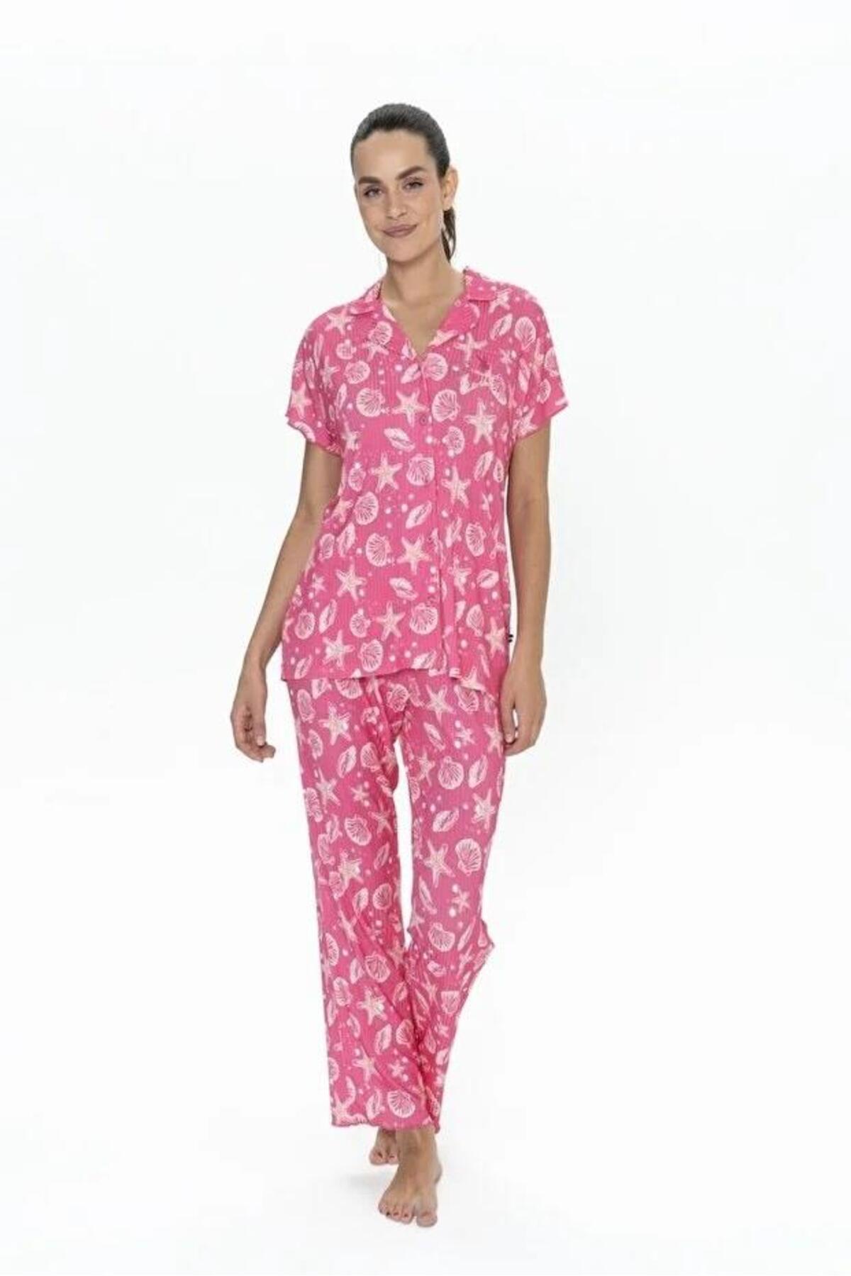 20084 Deniz Yıldızı Desenli Boydan Düğmeli Gömlek Pijama Takım