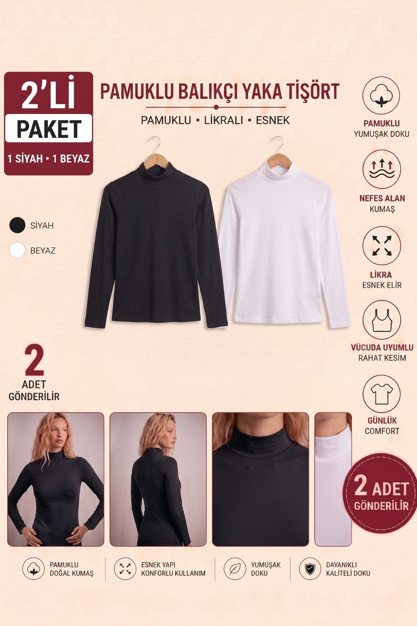 Kadın 2’lı Balıkçı Yaka Boğazlı Body Paketi Pamuklu Esnek Rahat Kesim Siyah Beyaz Bluz Seti